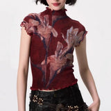 KYLETHOMASW  -  Y2K Exposed Navel Short Top Women Summer Half High Neck Lily Flower Print Short Sleeved Pleated Tight Fitting T Shirt