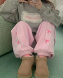 KYLETHOMASW  -  Harajuku Fleece Sweatpants Women Pink Bow Print Joggers Streetwear Black Wide Leg Pants Winter Korean Thick Baggy Trousers