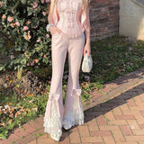 KYLETHOMASW  -  Pink Sweet Lolita Pants Women Vintage Kawaii Bow Lace Ruffles Flared Pants Evening Party Retro Elegant Casual Fairy Trousers Y2k