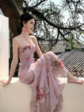 KYLETHOMASW  -  Woman Dress Sexy Elegant Sleeveless Floral Printed Spring Fashion Irregular Ruffles Holiday Hollow Out Backless Dresses
