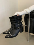 KYLETHOMASW  -  Black Gothic Shoes Platform Rivet Belt Buckle Chunky Heels Ankle Boots Punk Woman Cowboy Western Boots 2025 New Arrival