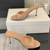KYLETHOMASW  -  Fashion Thin High Heeled Slippers Women Sexy Round Toe Open Toe Patent Leather Slide Sandals Summer Elegant High Heels Sandalias