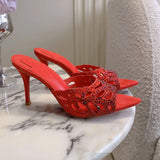 KYLETHOMASW  -  Women Elegant Red Suede Rhinestone Mule Sandals Hollow Cutout Point Toe Stiletto Slides Glitter Crystal Slip-On Heels