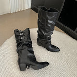 KYLETHOMASW  -  Vintage Belt Buckle Women Knee High Boots Fashion Removable Shoes Autumn Winter Ladies Elegant Thick Heel Knight Long Booties