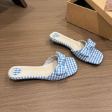 KYLETHOMASW  -  Summer Plaid Satin Bow Knot Women Slippers Concise Square Toe Lightweight Slip On Slides Outdoor Daily Walking Vacation Shoes