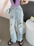 KYLETHOMASW  -   Women Embroidery Flowers Jeans Autumn  OL Hole Chic Loose Fashion Slim New Straight Denim Streetwear Pants