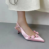 KYLETHOMASW  -  Pink High Heels Sexy Pointed Toe Slingback Shoes Summer Small Flower Low Heel Office Shoes Black Pumps White Talons Femme