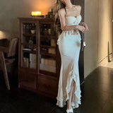 KYLETHOMASW  -  French Style White Slim Fit Halterneck Suspender Dress For Women 2024 Summer New High Waist Slit Skirt Suit Long Evening Dresses