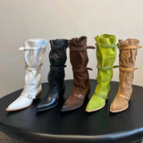 KYLETHOMASW  -  Women's Slouchy Knee High Boots Pointed Toe Buckle Straps Western Cowboy Style Chunky Heel Fashion Ruched Autumn/Winter Footwear