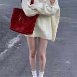 KYLETHOMASW  -  Red Stitching Tote Bag Women Leather Large Capacity Cute Handbag Purse Ladies Vintage Fashion Commute Shoulder Bags