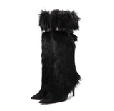 KYLETHOMASW  -  Pink Y2k Stiletto Metal Chain Boots Autumn Winter New Sexy Black High-heeled Fur Boots   on off