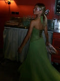 KYLETHOMASW  -  Elegant Green Camisole Long Skirt Retro Pleated Backless Off-shoulder High Waist Sexy Deep V Dress Party Evening Gowns Date Robe
