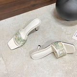 KYLETHOMASW  -  Fashion Flower Women Thin Heels Slides Sandals Shoes Square Toe Sexy Ladies High Heels Shoes Slip On Female Sandals Pumps