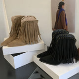 KYLETHOMASW  -  Sexy Pointed Toe Suede Women's Ankle Boots Rivet Tassel Design Chunky Heel Short Boots Retro Square Root Winter Shoe for Ladies