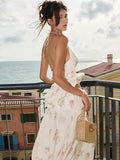 KYLETHOMASW  -  Flower Print Ruffles 2-Piece Set Women Halter Bandage v-Neck Backless Bows Backless Vest+Sweet Long Skirt Vacation Suits