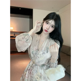 KYLETHOMASW  -  Beautiful Long-sleeved Floral Chiffon V-neck Shirt Dress for Women to Slim Down the Waist