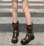 KYLETHOMASW  -  Autumn Winter Metal Belt Buckle Women Motorcycle Boots Fashion Rivet Patent Leather Platform Wedge High heels Chunky Boots Shoes