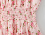 KYLETHOMASW  -  Sexy Pink Floral Print Elastic Slash Shoulder Dress Folded Elastic Waist Swing A-line Short Tank Robe Holiday Femme Vestidos
