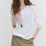 KYLETHOMASW  -  Nordic Lazy Women Cool Thin Stripe Ice Cotton Henley Neck Loose Long Sleeve Casual Blouse