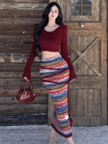 KYLETHOMASW  -  Autumn Winter Chic Knitted Womens Two Pieces Set Cropped Pullover Top High Waist Striped Bodycon Long Skirt Suit Casual Clothing