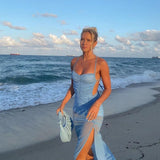 KYLETHOMASW  -  European Women Spaghetti Strap Mesh Maxi Dress Backless Cutout Split Slim Bodycon Beach Dress