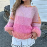 KYLETHOMASW  -  Women Autumn Winter Loose Fit Knitwear Jumpers Vintage Striped Fuzzy Knitted Sweater Casual Boat Neck Long Sleeve Pullover Tops