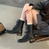 KYLETHOMASW  -  Fashion Design Narrow Band Lace-up Women Knee-High Boots Vintage Spring Autumn Round Toe Square Low Heels Shoes