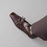 KYLETHOMASW  -  Women Pleated Hollow Mary Jane Style Shoes with Bow Design Flat Shoes Square Toe Casual Comfortable Outdoors Women Shoes Fashion