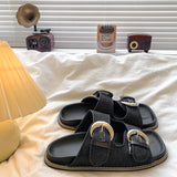 KYLETHOMASW  -  Black Soft Leather PU Flat Sandals Women Fashion Metal Buckle Slide Slippers Summer Light Non-Slip Beach Shoe Sandalias De Mujer