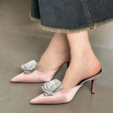 KYLETHOMASW  -  Designer CRYSTAL Flower Silk Pointed Toe Women Slippers Fashion Thin Heels Party Dress Ladies Mule Shoes