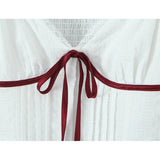 KYLETHOMASW  -  New Contrasting Bow Lace Trim White Blouse Women Sexy V Neck Puff Sleeve Slim Summer Crop Top