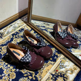 KYLETHOMASW  -  Retro Reddish-Brown Flap High Heels Round Toe Low Heel Niche Design Low-Cut Slip-On Mary Jane Shoes for Women.
