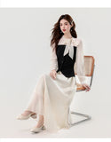 KYLETHOMASW  -  Spring French Elegant Fashion 2 Piece Set Women Bowknot Belted Long Sleeves Top + Slim Long Skirt Casual High-street Outfit 2026