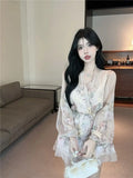 KYLETHOMASW  -  Beautiful Long-sleeved Floral Chiffon V-neck Shirt Dress for Women to Slim Down the Waist
