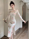 KYLETHOMASW  -  Vintage Dresses Women Floral Printed Stand Collar Long Sleeve Hollow Out Slim Split Elegant Dress Ladies Stylish