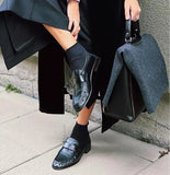 KYLETHOMASW  -  Women's New Retro Pleated Black Leather Penny Loafers Premium Eel Skin Texture Comfortable Slip-On Flats Daily Office Casual