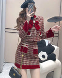 KYLETHOMASW  - Autumn Elegant Tweed Plaid Skirt Sets Women Sweet Chic Pearl Bow Woolen Jackets Mini Skirts Suit Korean Female Outfits