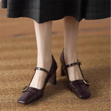 KYLETHOMASW  -  Metal Buckle Decoration Mary Jane Shoes Women Comfortable Leather High Heels Elegant Chunky Heel Women Pumps Zapatos De Mujer