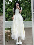 KYLETHOMASW  -  Summer Short Sleeve Chiffon Fairy Style Irregular Tierred Dress for Women Korean Cute Slim Fit Temperament Elegant Dress