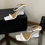 KYLETHOMASW  -  Women Print Wedge Heel Sandals Square Open Toe Slingback Ankle Buckle Strap PU Patent Leather Summer Party Dress Shoes