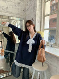 KYLETHOMASW  -  Knitted Sweater Women Lace Patchwork Bow V Neck Autumn Winter Pullover Long Sleeve Fashion Loose Stretch Female Jumper