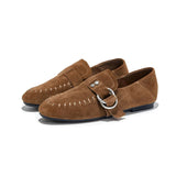 KYLETHOMASW  -  Genuine Leather Flats Women Luxury Metal Buckle-Decorated Women's Suede Loafers Light Comfortable Cow Suede Shoes for Women