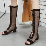 KYLETHOMASW  -  2025 Women Sandals Block Heels 3cm Zipper Lace Up Flock Suede Breathable Mesh 41 42 43 Fashion Summer Knee High Bota