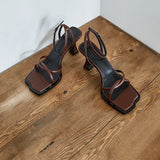KYLETHOMASW  -  Summer Narrow Band Heel Sandals Female high heel Ankle Strap Fashion Square Toe Ladies Dress Sandalias Women's Shoes