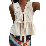 KYLETHOMASW  -  Women's Tie Front Blouse V Neck Sleeveless Shirt Eyelet Embroidery Ruffle Peplum Tops