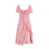 KYLETHOMASW  -  Summer Print Floral Asymmetrical Ruffled Dress Women Square Collar Short Sleeve Slim Pink Korean Dress Party Birthday Dresses