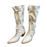 KYLETHOMASW  -  Women's Slouchy Knee High Boots Pointed Toe Buckle Straps Western Cowboy Style Chunky Heel Fashion Ruched Autumn/Winter Footwear