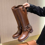 KYLETHOMASW  -  Winter Women Knee High Boots Fashion Belt buckle Long Boots Female Elegant Thick Heel Women's Knight Botties