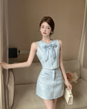KYLETHOMASW  -  Elegant Skirt Set Women's Summer Bow Tweed Vest High Waist Mini Skirt Two-piece Set Fashion Female Clothes