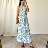 Kylethomasw -  Female Off Shoulder Hollow Out Holiday Beach Dress Elegant Pattern Print High Waist Long Dress Fashion Summer Halter Loose Dress